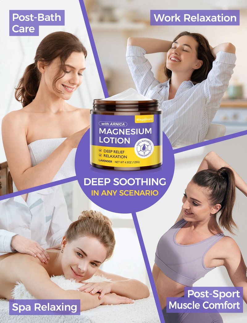 Wagomars Natural Soothing Magnesium Lotion - Topical Nighttime Magnesium Cream with Arnica, Shea Butter & Coconut Oil for Legs & Muscles - Skin Comfort, Relaxation & Deep Hydration - Safe for Kids