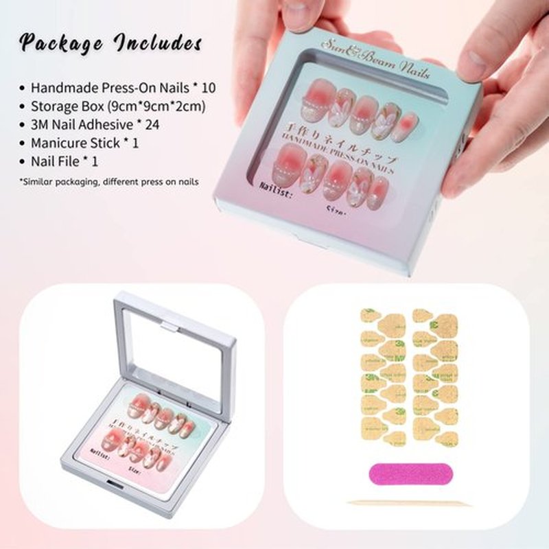 Sun&Beam Nails Handmade Press On Nail Short Round Hand-painted Golden Flowers Acrylic Fake Tip Design Art Charms Cute with Storage Box 10 Pcs (#005 S)