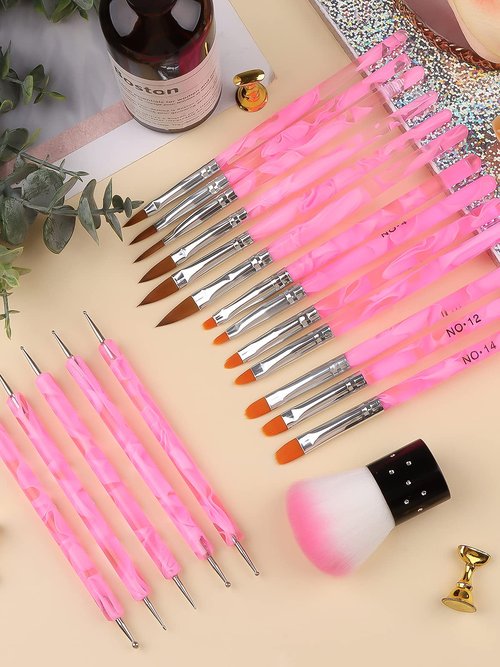 19 Pcs Pink Acrylic Nail Art Brush Set, TOROKOM UV Gel Nail Brushes for Nail Art Tips Nail Polish Builder Brush Nail Painting Brush with Nail Dotting Tool Nail Art Dust Remover Brushes for Nail Salon