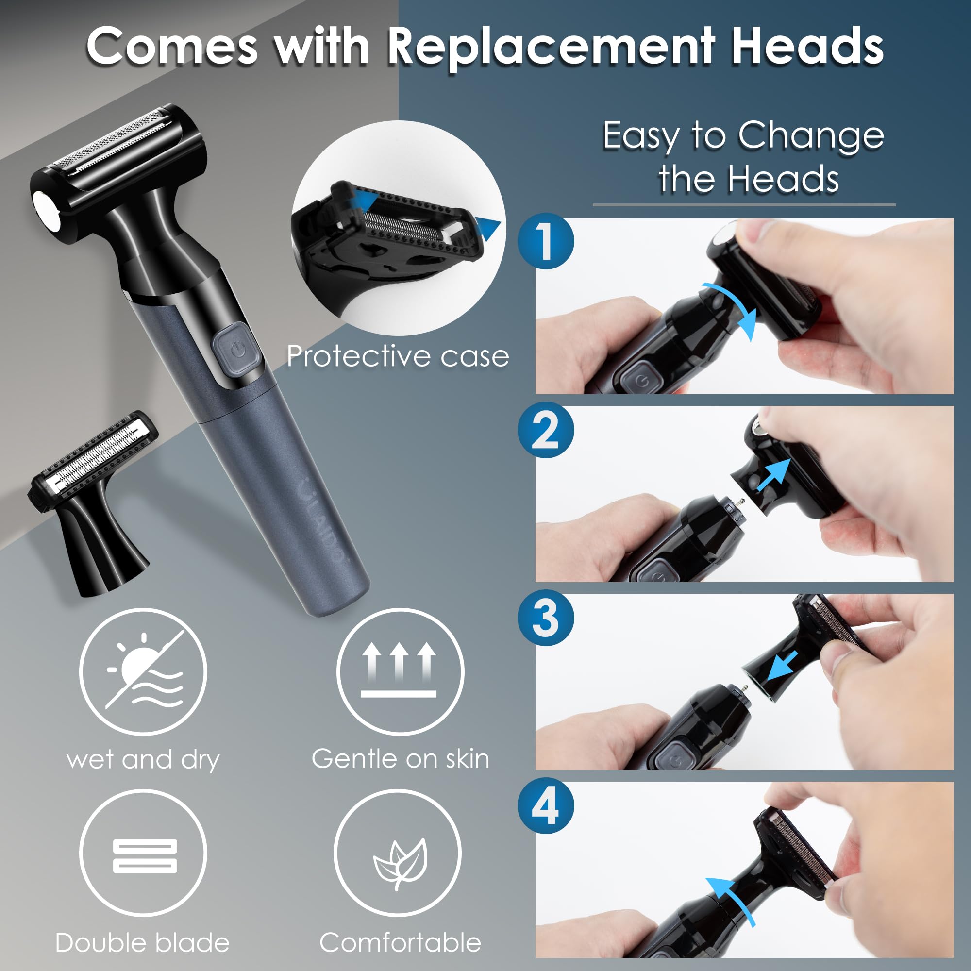 ULAIDO Body Hair Trimmer for Men, Electric Groin Pubic Hair Trimmer, Body Hair Groomers, Waterproof Wet/Dry Ball Trimmer for Full Body and Privates with Replacement Body Groomer Foil Heads