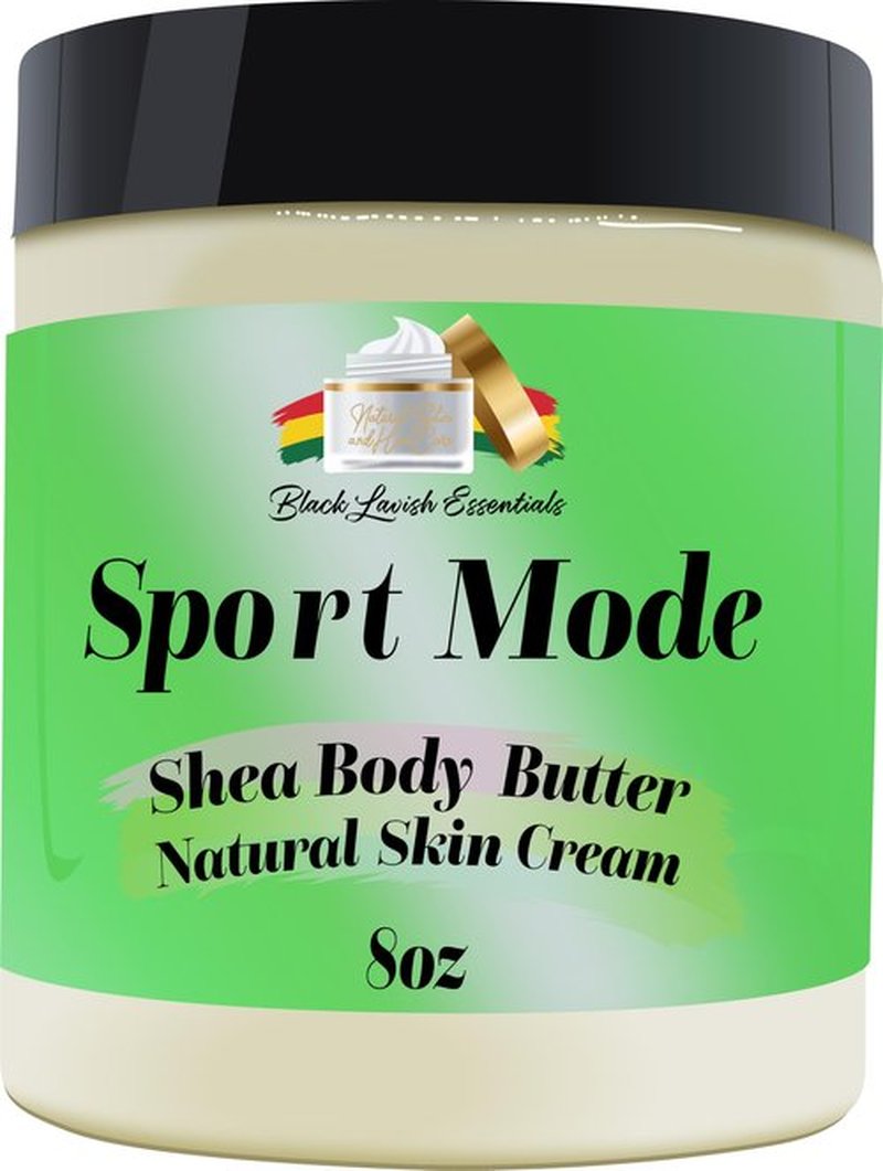 Black Lavish Essentials Ultra-Soft Shea Body Butter, Dry Skin Cream for Radiant Moisturized Skin, Natural Hydrating Body Lotion with Aloe Vera, Argan Oil, Rosehip Oil, (Sport Mode, 8oz)