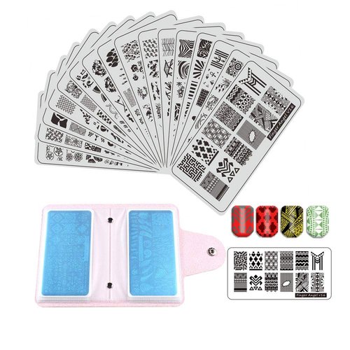 FingerAngel 21Pcs Nail Stamp Plate Set 16Pcs Mix Design Stamping Nail Art Plate + 2Nail Stamper + 2Scraper+1Pcs Case Nails Art Stamping Plate Scraper Stamper Set Leaves Flowers Nail Plate