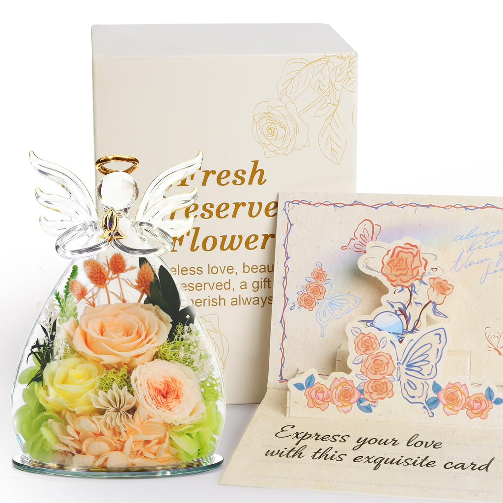 homeasy Mothers Day Roses Gifts for Women Mom, Preserved Flowers Rose in Glass Angel Figurines, Forever Fresh Flowers for Delivery Gift Box with 3D Card for Grandma Wife Her