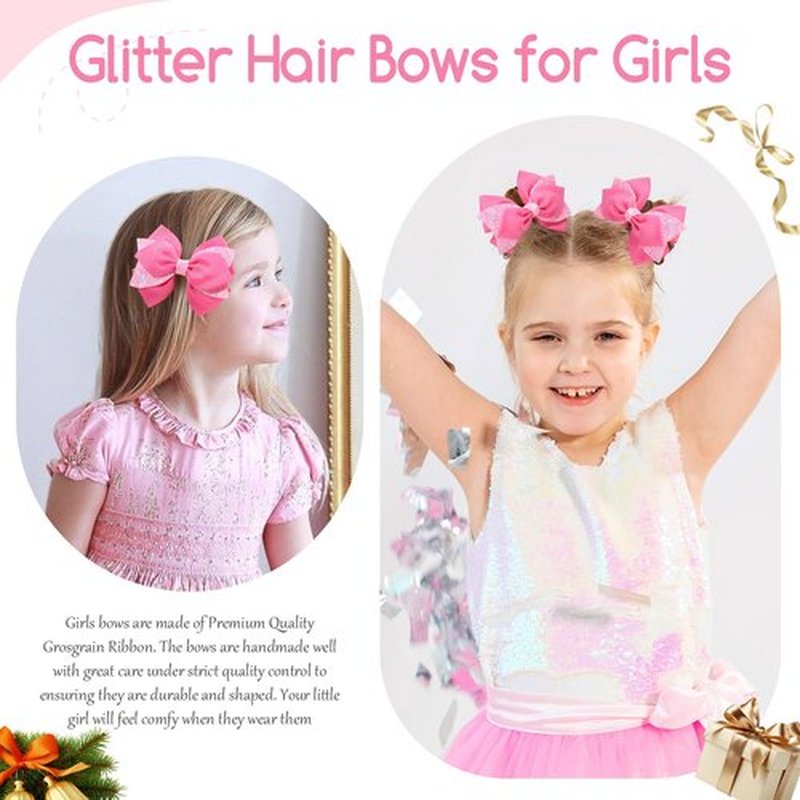 NCMAMA 4 Inch Sparkly Glitter Pink Hair Bow Clips for Girls Boutique Sequin Alligator Barrettes Pins for Teens Toddler Children Kids Grosgrain Hair Accessories for Christmas Halloween Fall Birthday