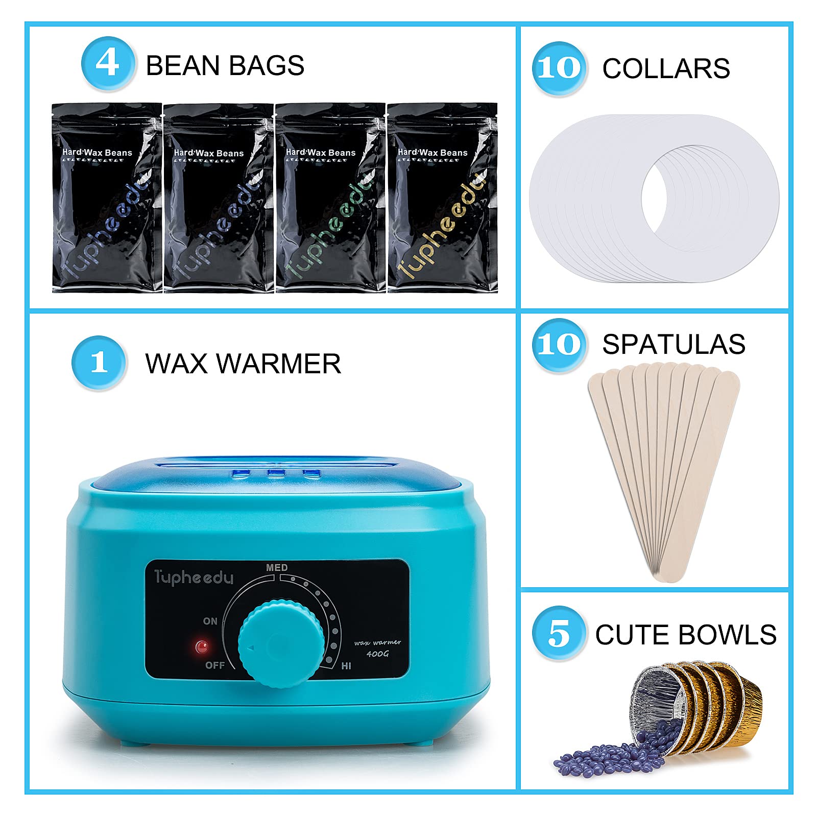 Tupheedu Wax Kit for Women and Men, Waxing Warmer for hair removal, Painless Stripless with 4 Bags Wax Beans for Coarse Hair Eyebrow Armpit Bikini Area