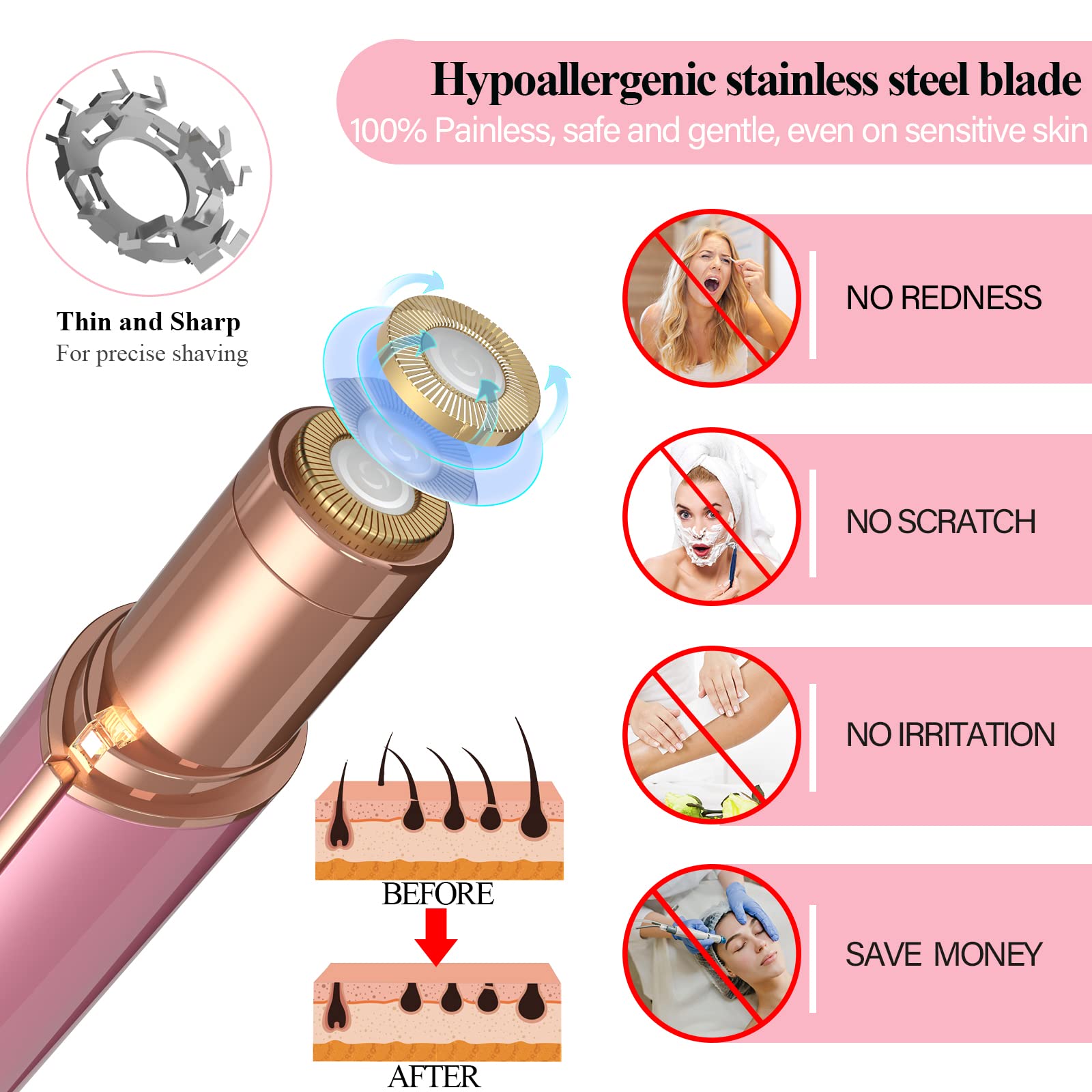 Facial Hair Removal for Women - USB Rechargeable Painless Hair Remover With LED Light for Face, Peach Fuzz, Upper Lip, Chin, Body (Rose Gold)