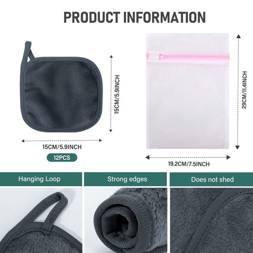 12 Pack Makeup Remover Cloth, 6" x 6" Reusable Makeup Remover Towels Face Washcloth for Washing Face, Makeup Remover Pads Cosmetic Face Wash (Grey)