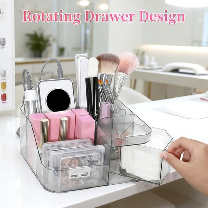 BQAN Transparent Acrylic Nail Desk Organizer, Drill & Brush Holder, Professional Storage Box for Nail Tools, Makeup, Eyeshadows, Skin Care