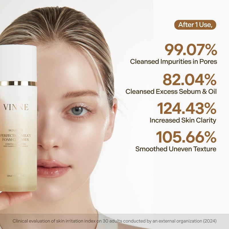 VINNE Signature Milky Foam Cleanser – 3-Step Milk-Oil-Foam Korean Facial Cleanser w/LHA+PHA & 17 Active Ingredients – Oil & Water-Based Dual-Action Face Wash (4.05 fl. oz)