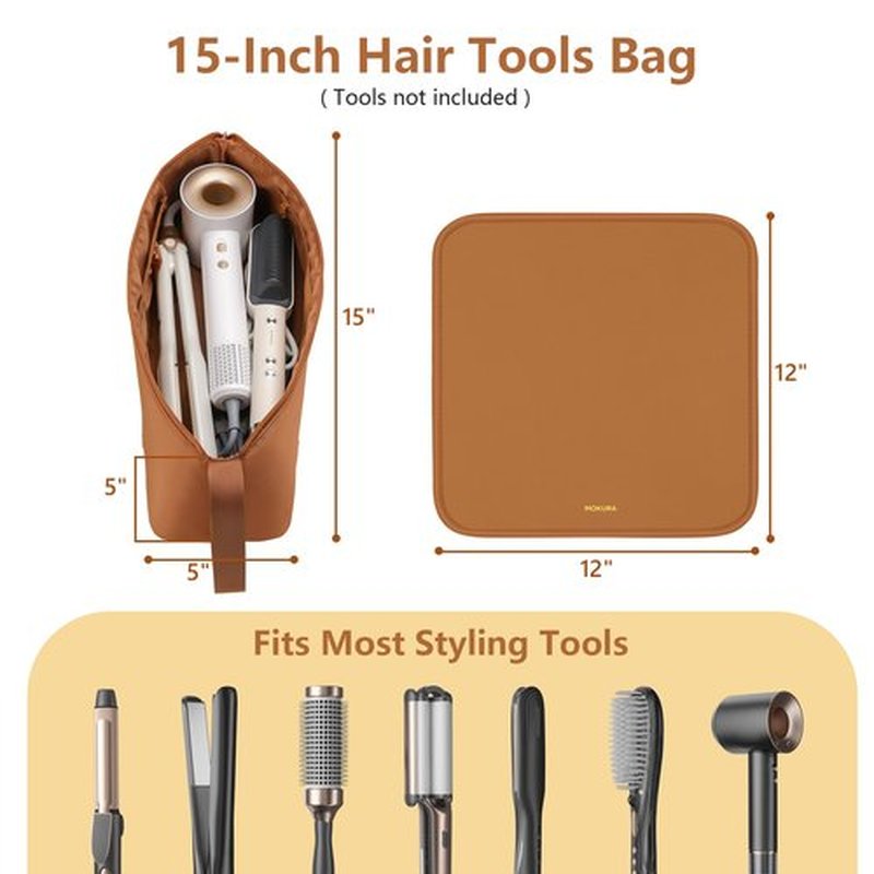 MOKURA Hot Hair Tools Travel Bag with Heat Resistant Mat Removable, Hair Accessories Organizer Case, Women Travel Essentials, Storage Pouch for Curling Iron Straightener Flat Iron Hair Dryer, Brown