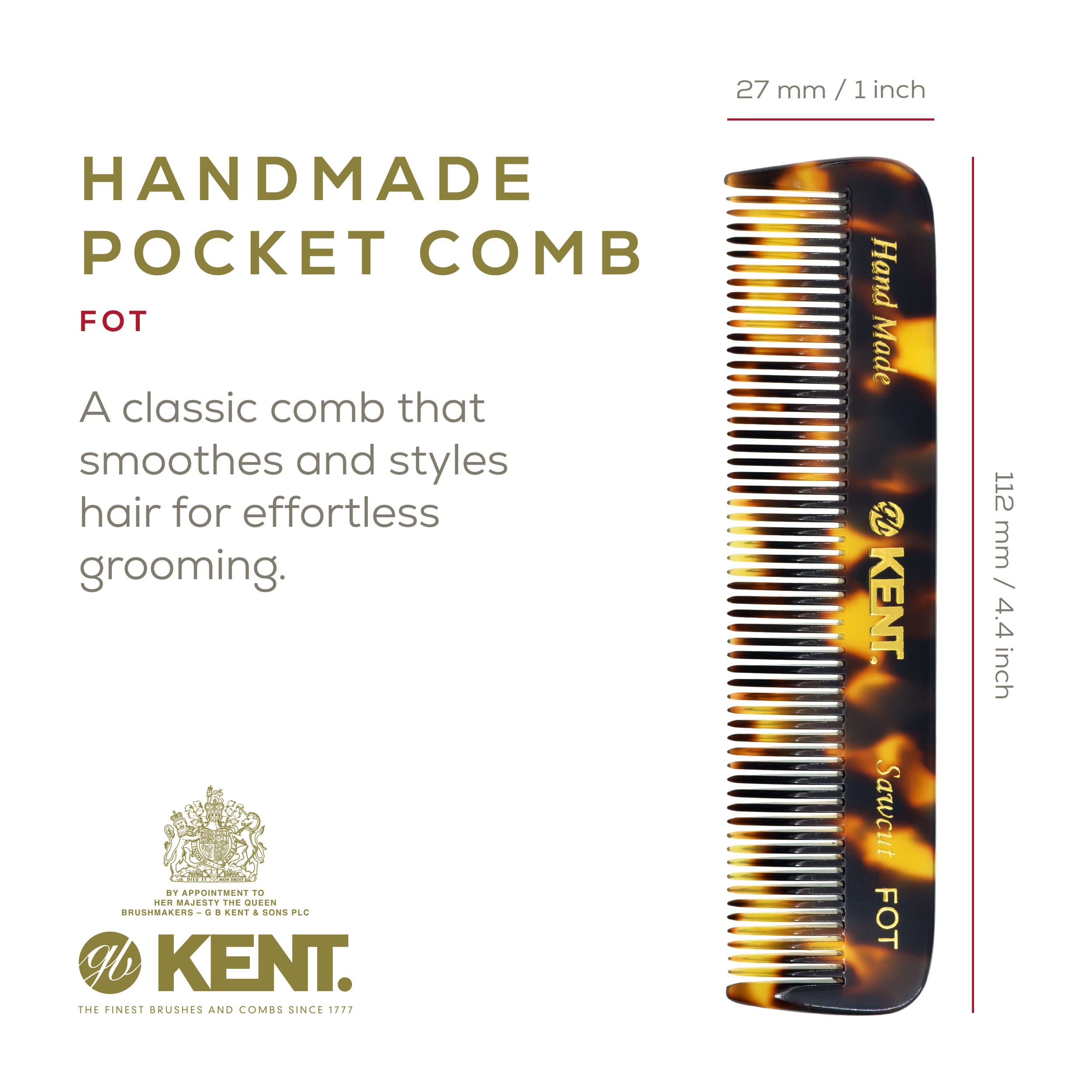 Kent FOT TY Fine Tooth Comb for Men - Handmade Pocket Comb for Travel, Styling, Fine or Thinning Hair, Mustache and Beard Care Handpolished Saw-Cut Made in England