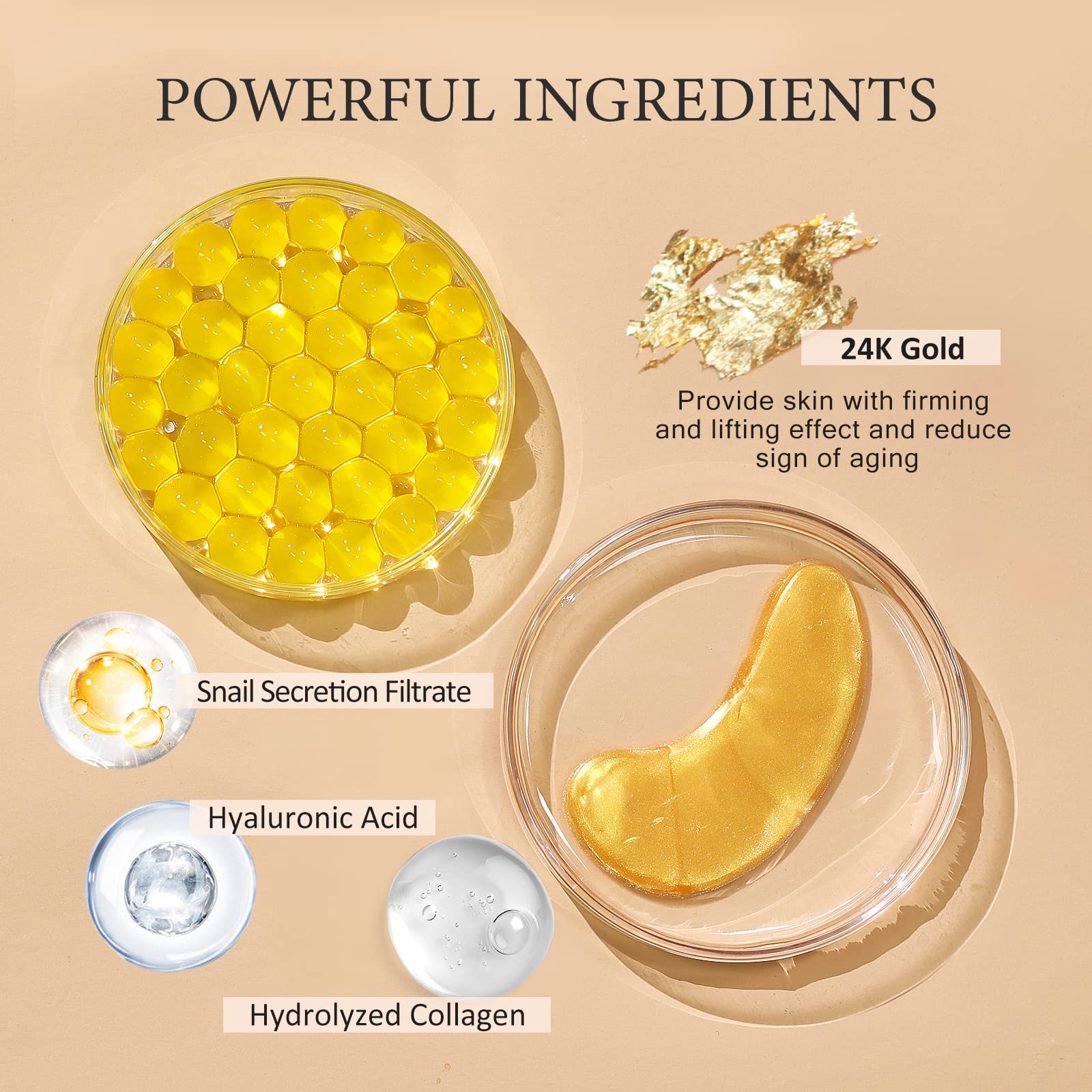 PEAUAMIE Under Eye Patchs 24k Gold Eye Mask and Hyaluronic Acid and Rose for Dark Circles and Puffiness Wrinkle Eye Bags 30 Pairs
