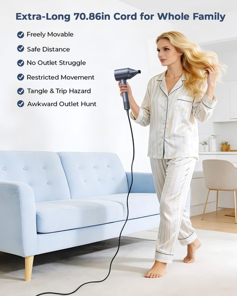 Hair Dryer, 150000 RPM Professional High-Speed Blow Dryer, Negative Ionic Hair Dryer for Fast Drying, Low Noise Thermo-Control HairDryer with Magnetic Nozzle for Home Travel Women Man