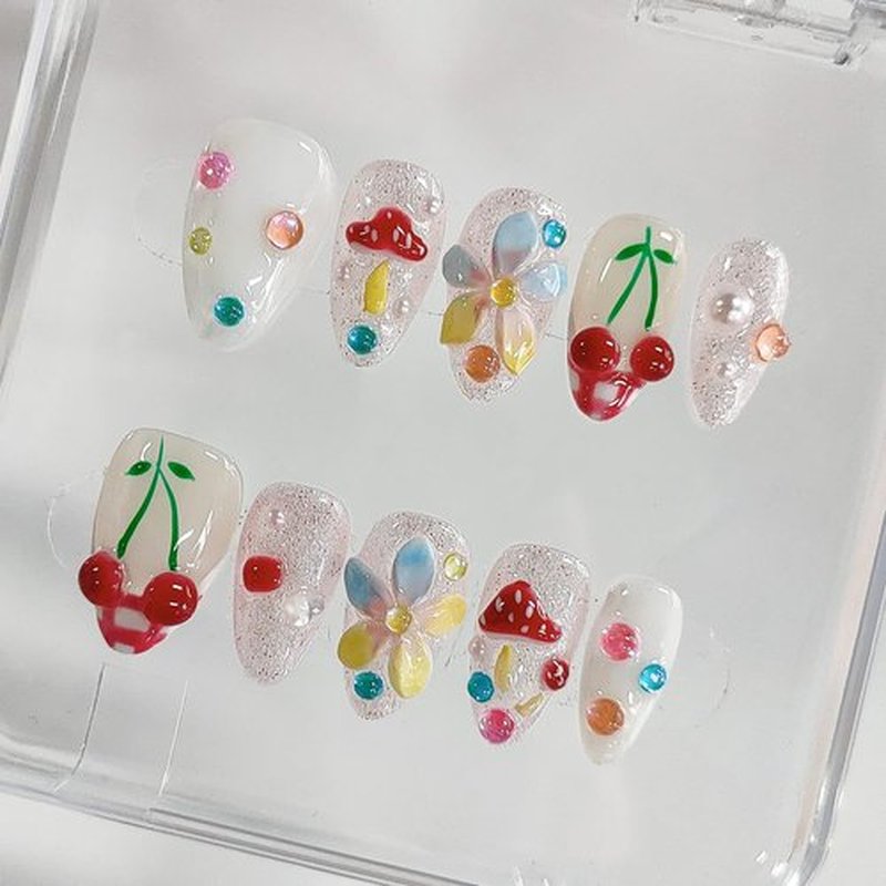 Handmade Press on Nails Almond Medium 3D Floral French Tip Thick Acrylic Fake Nails False Nails with Flower Mushroom Glitter Cherry Designs Cute Sturdy Nail Kawaii Art Press on Nails 10Pcs(M)