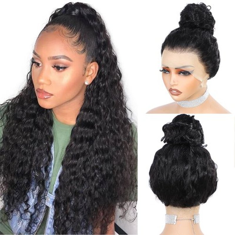 eool Hidden Strap 360 Drawstring Full Lace Front Wigs Human Hair Pre Plucked 200 Density Deep Wave 360 Invisible Drawstring Glueless Wet And Wavy HD Lace Front Wig Human Hair For Black Women 16 Inch