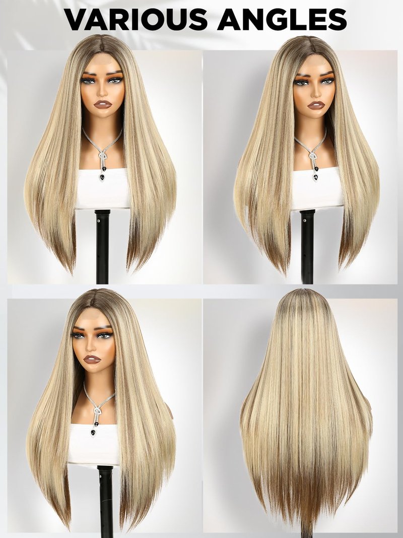WIGRE Long Straight Wig 26 Inches Middle Part Mix Blonde Wigs for Women Daily Use Ombre Brown Highlight Honey Blonde Wig Synthetic Heat Resistant Hair for Valentine's Day/Music Festival/Carnival