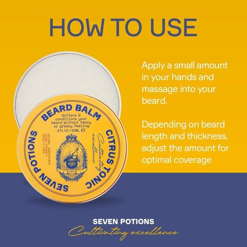 Seven Potions Beard Balm for Men - All-Natural Conditioning Softener | Nourishes Skin & Facial Hair - Citrus Tonic (2 FL OZ)
