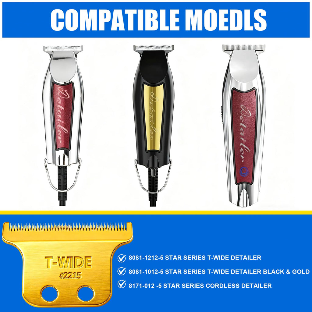 2PCS 2215 Replacement T Wide Blades Compatible with Wahl 5 Star Detailer Li Trimmer(8081) and (8171) - Adjustable Stainless-steel Zero-Gap Trimmer Blade (2PCS-Gold)