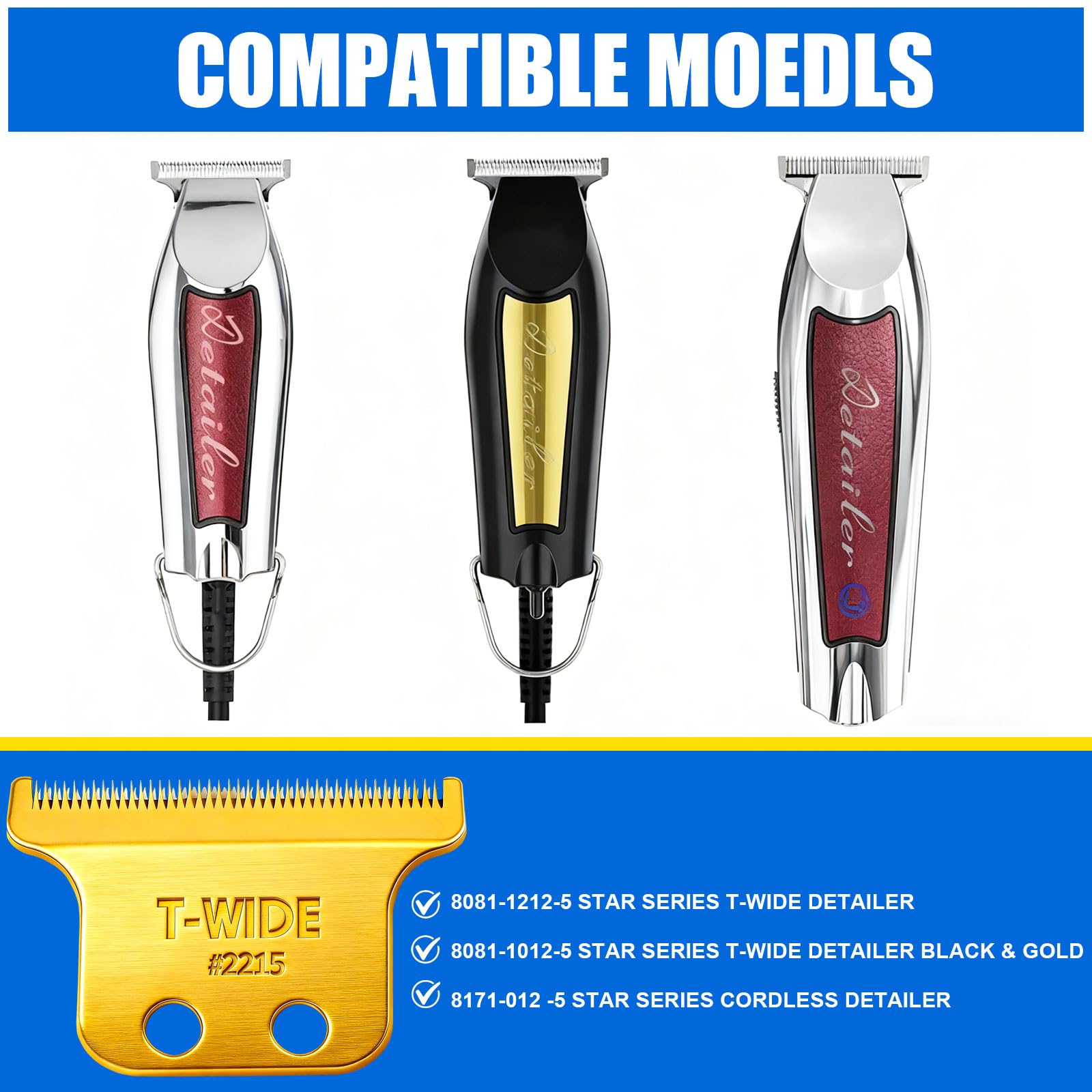 2PCS 2215 Replacement T Wide Blades Compatible with Wahl 5 Star Detailer Li Trimmer(8081) and (8171) - Adjustable Stainless-steel Zero-Gap Trimmer Blade (2PCS-Gold)