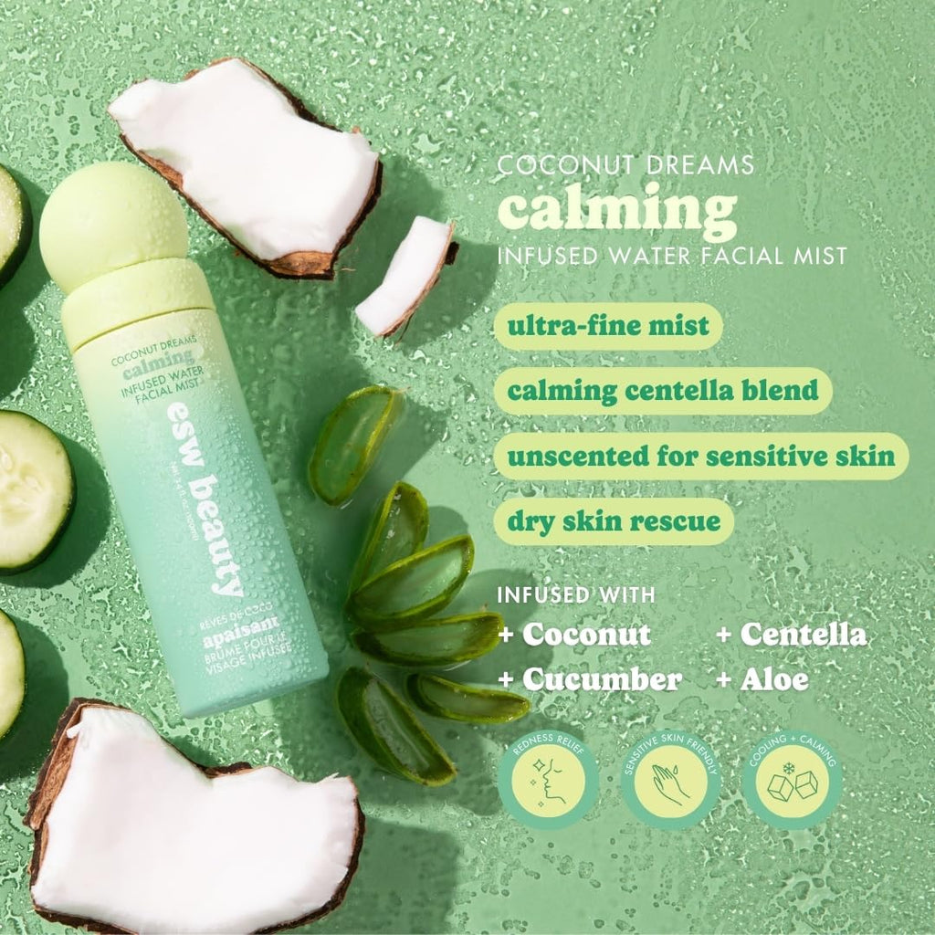 ESW Beauty Coconut Dreams Facial Mist - Hydrating Centella Face Mist - Makeup Primer & Setting Spray - Unscented Face Toner for Sensitive Skin with Coconut Water, Cucumber & Aloe 3.4oz