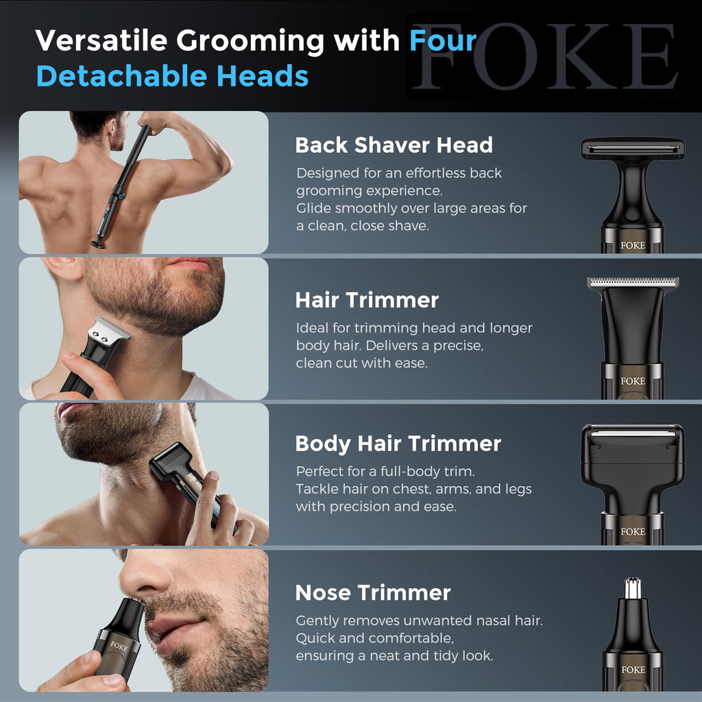 FOKE Back Shaver for Men, Ultra-Wide 1.8" T-Shaped Head, Travel Case, LED 4 in 1 Mens Back Shaver Rechargeable with Long Handle, Safety Lock, IPX7, Multi-Functional Back Trimmer for Men, (Deep Blue)