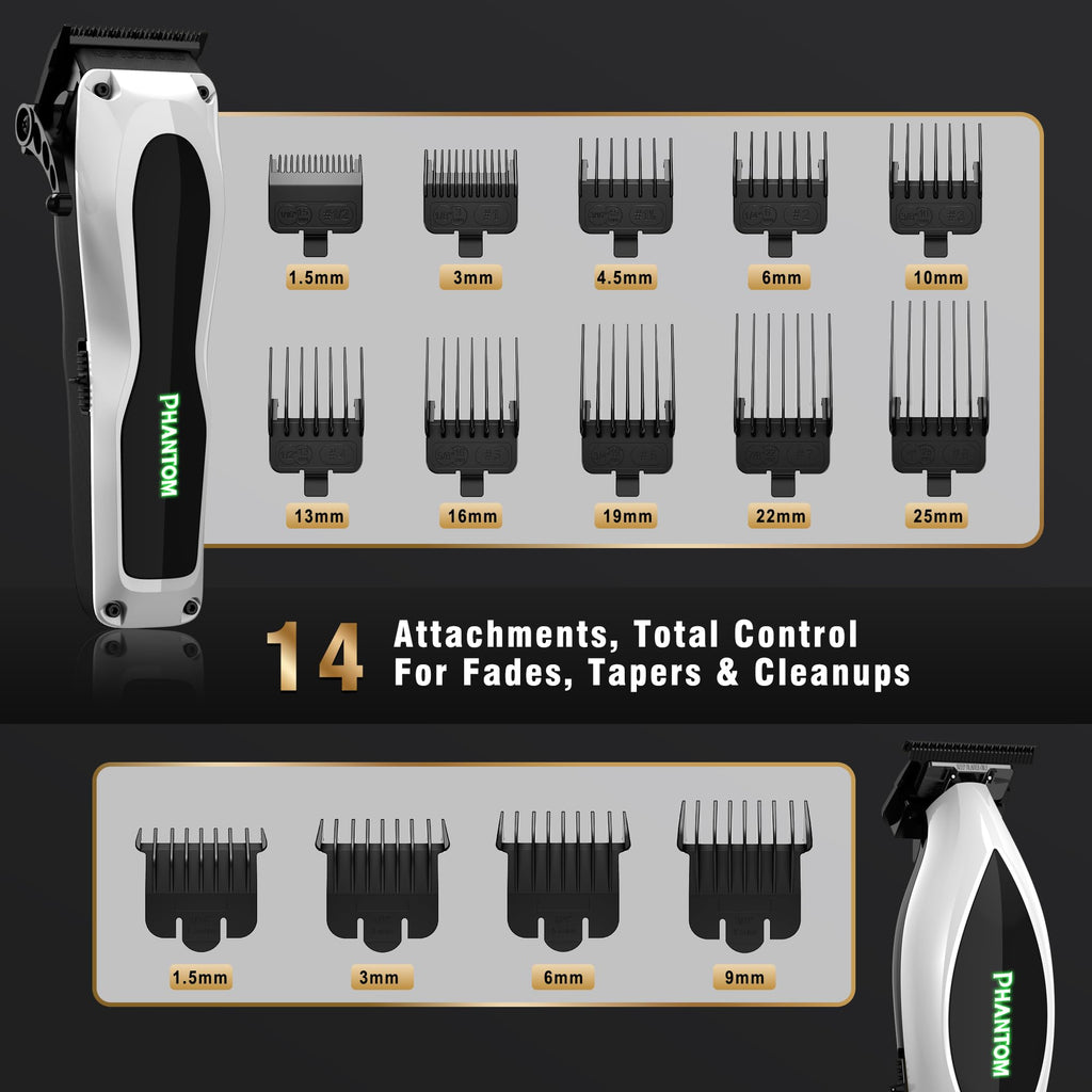 Phantom Professional Hair Clippers for Men, Cordless Barber Clippers & Trimmer Set with Magnetic Levitation Motor (Vector Motor), 13000 RPM DLC Blades, Zero-Gap Trimmer for Fades, Blends & Line Ups