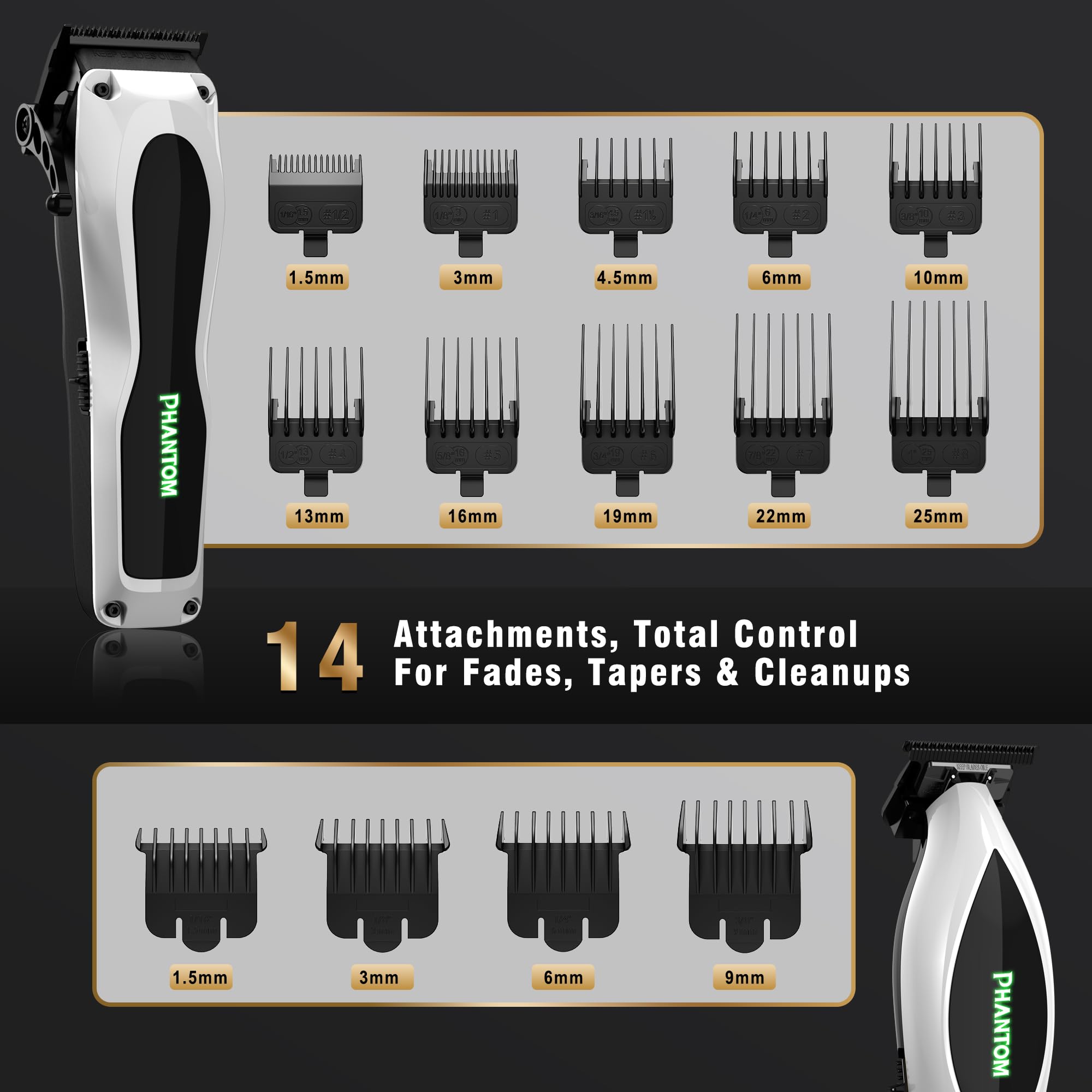Phantom Professional Hair Clippers for Men, Cordless Barber Clippers & Trimmer Set with Magnetic Levitation Motor (Vector Motor), 13000 RPM DLC Blades, Zero-Gap Trimmer for Fades, Blends & Line Ups
