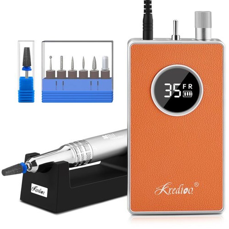 Kredioo Nail Drill Professional Super Quiet with Coreless Motor 35000RPM Electric File 6+1 Tungsten Bits Kit Portable Strong Drill para uñas Profesional Remove Acrylic Nails Dip Powder-Orange