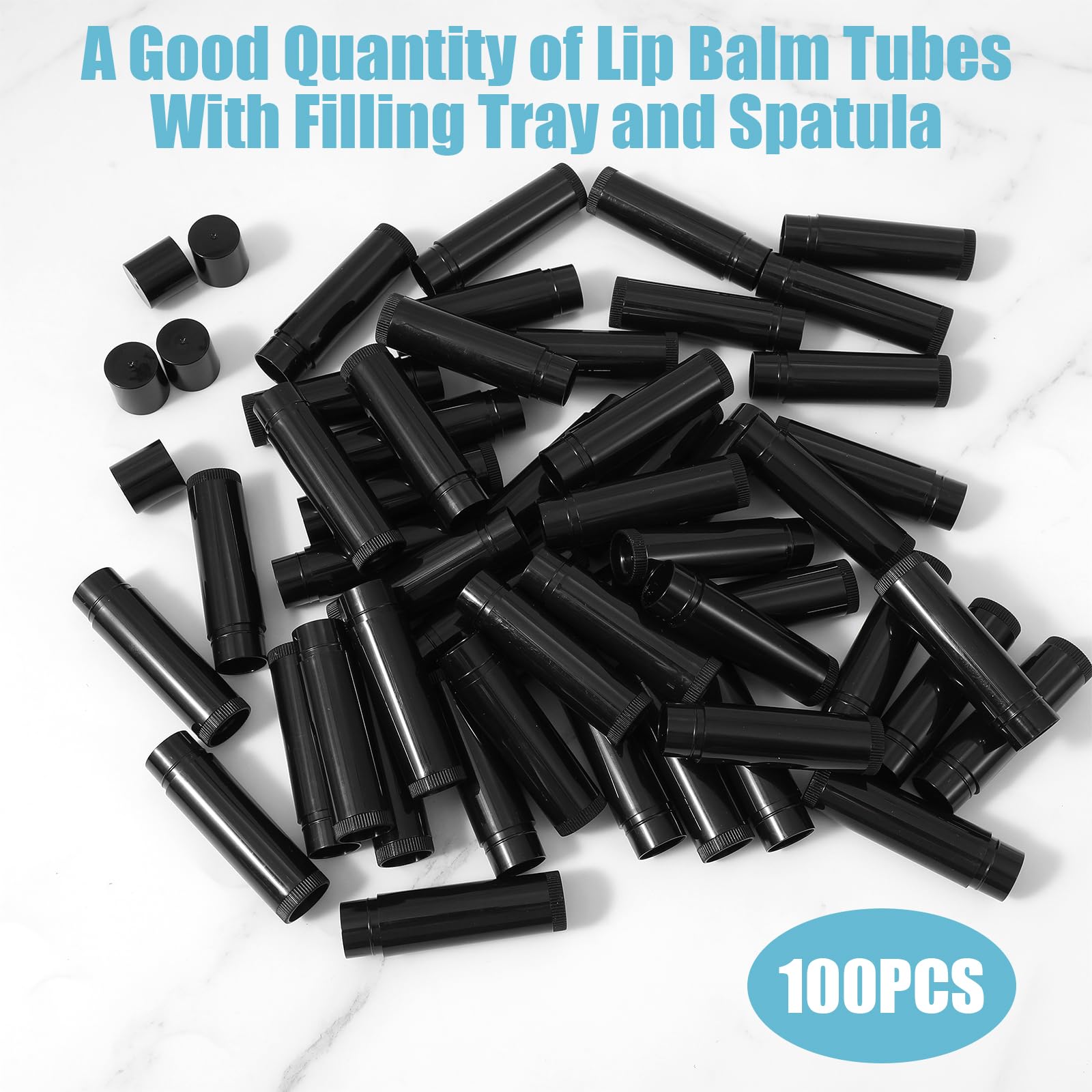PercyEffie 100Pcs Plastic Lip Balm Tubes 5ml/5g lip balm tubes empty lips balms containers empty Black chastick containers with Filling Tray and Spatula, Rotating Type Refill Lips with Cap