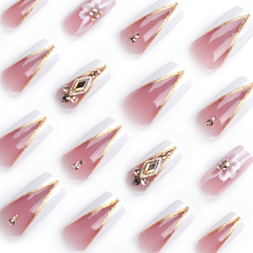 DANMANR V French Press on Nails Pink Fake Acrylic Long Nails Square Full Cover Fake Flower Nails for Women and Girls 24PCS