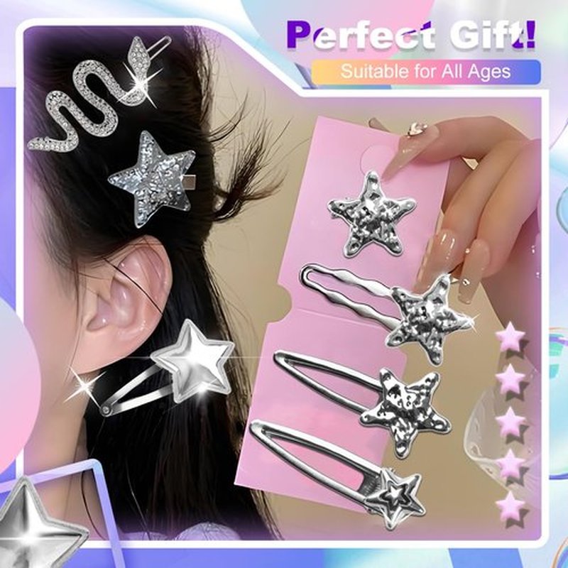 22 Pcs Silver Hair Clips Metal Star Barrettes, 13 Shapes Hairpin Barrettes, Goth Hair Pins Set, Punk 2000s Hair Accessories for Women and Girls Styling Star Hairpin (22 PCS)