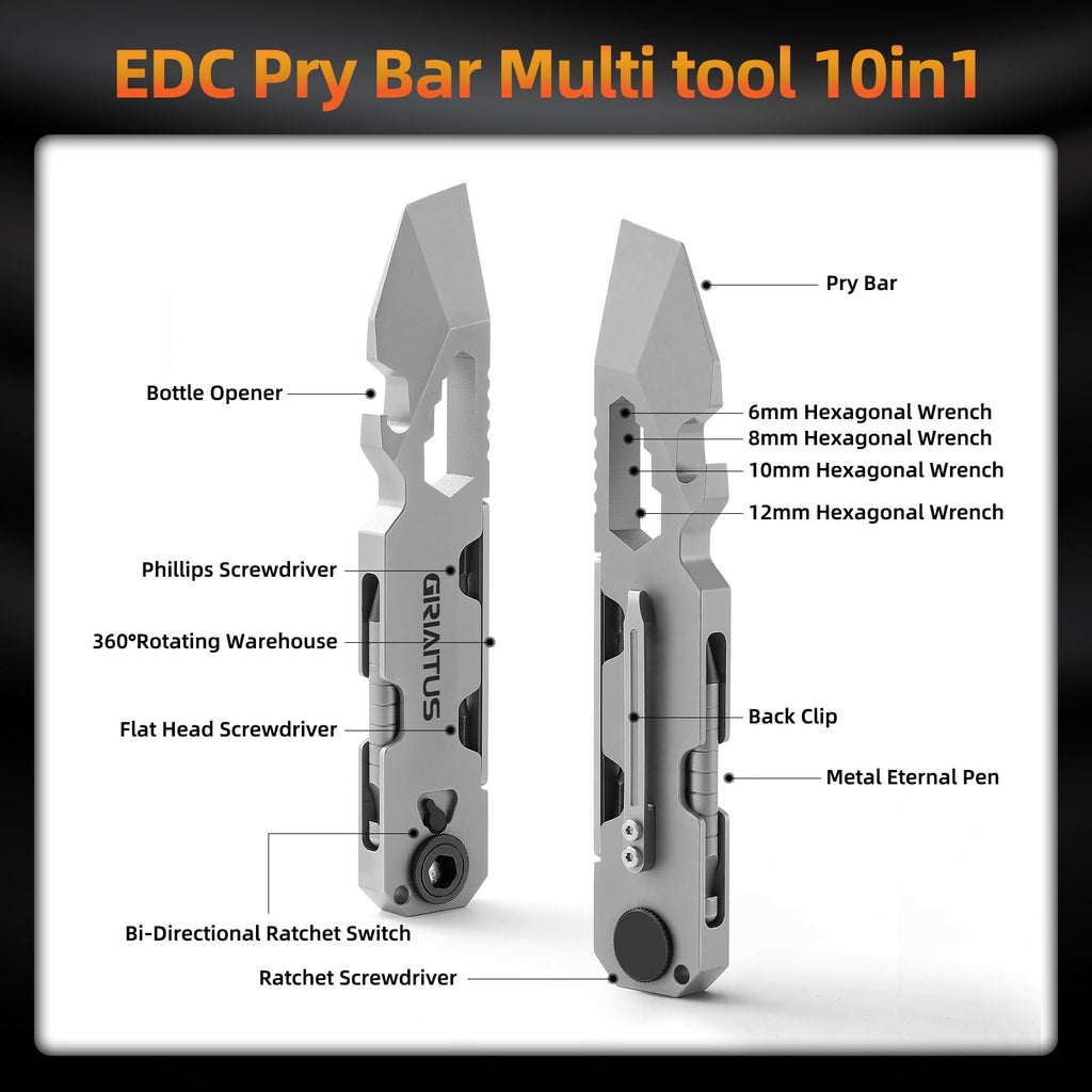 EDC Pry Bar Multitool with Bi-Directional Ratchet Screwdriver & Everlasting Pen, Wrenches, Crowbar, Bottle and Box Openers - Your Versatile Companion for Everyday Carry and Camping Accessories