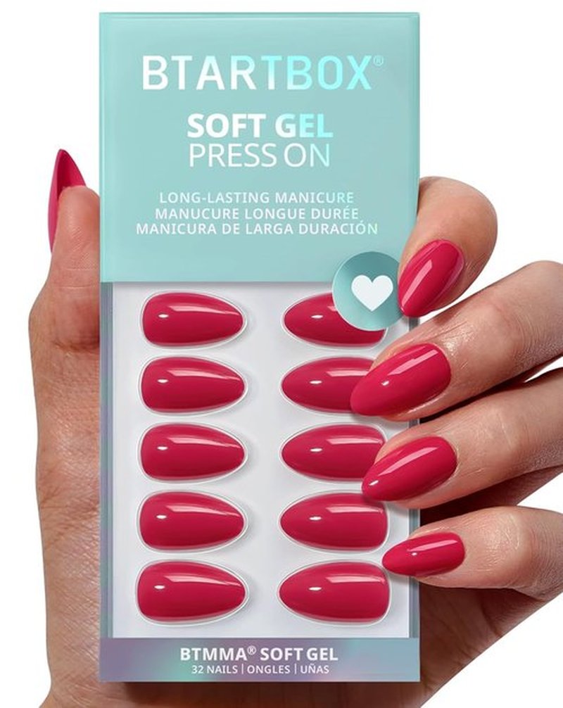 BTArtbox Press On Nails - Raspberry Red Almond Shape | 32 Soft Gel Nails Kit in 16 Sizes