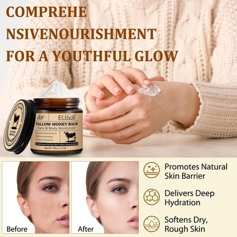 ELBBUB Whipped Tallow Cream for Face & Body - 100% Grass-Fed Beef Tallow, Natural Honey & Beeswax Moisturizer, Deep Hydration & Nourishment, Oil-Free & Unscented, Fast Absorbing