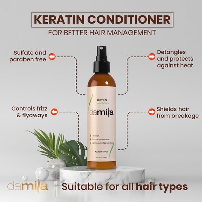 damila Keratin Leave In Conditioner Spray for Fine, Dry, Damaged and Curly Hair - Detangles and Protects Against Heat - Extends Your Keratin Treatment - Sulfate and Paraben Free