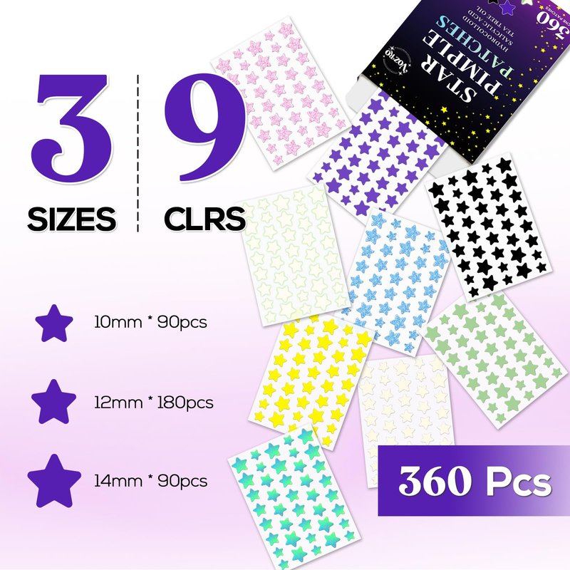 VOZRO Star Pimple Patches 360 Counts, Hydrocolloid Pimples, w/Salicylic Acid & Tea Tree Oil, Pimple Patches for Face - Conceal Whiteheads, Blackheads And Blemishes, Ance (10mm,12mm,14mm)
