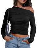 Buauty Womens Off Shoulder Tops Long Sleeve Crop Tops Casual Boat Neck Going Out Blouses One Shoulder Y2K Tight Shirts 2025 Black