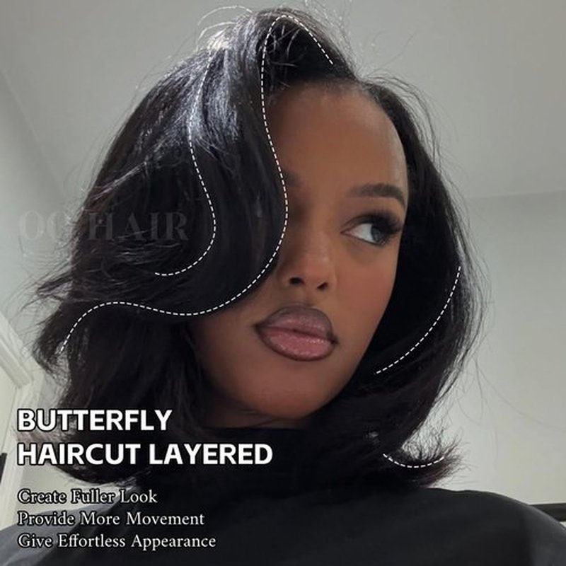 OQ HAIR Layer Cut Bob Wig Human Hair Pre-Bleached Glueless Wig Ready to Wear 180% Density Face-Framing Yaki Straight 9X6 HD Lace Closure Wigs Human Hair 12 Inch