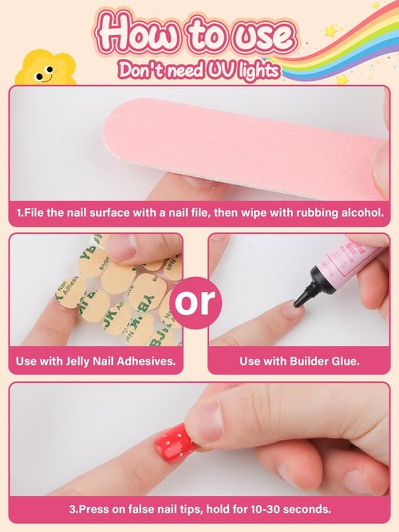 EBANKU 130 Pcs Press on Nails for Girls, Short Old Cute Mermaid Heart Fake Nails for Kids 8-12 Years Stick On False Nails Kit with Jelly Nail Adhesives & Builder Glue, Full Cover Nails Tip for Child