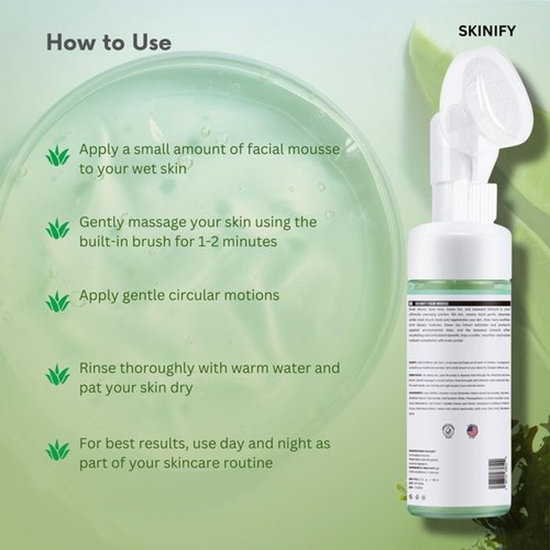 SKINIFY Glass-Skin Snail Mucin Facial Foam Cleanser w/Exfoliator – Ultra Hydration with Aloe Vera, Green Tea & Seaweed – All Skin Types Men & women – Deeply Hydrates, Detoxifies & Protects (5.1 Oz)