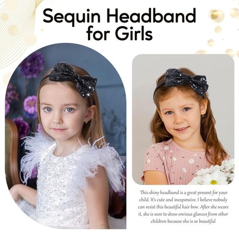 NCMAMA Sequin Black Bow Headband for Girls Sparkly Glitter Hairband Bows Hair Accessories for Toddler Kids Women on Christmas Halloween Birthday Parties