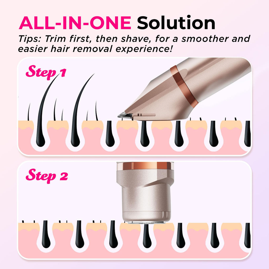 Bikini Trimmer for Women Pubic Hair: 2 in 1 Electric Razors for Women - Rechargeable Electric Shaver - IPX7 Waterproof Bikini Shaver for Travel & Shower Use in Summer (Rose Gold)