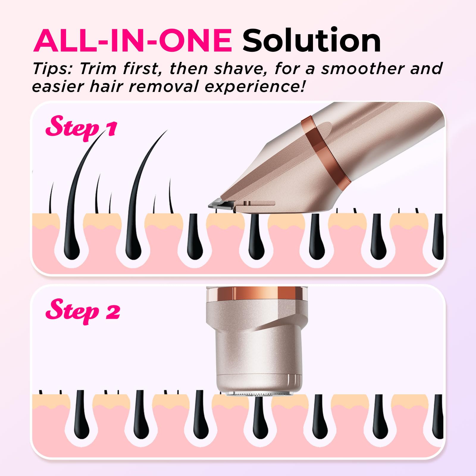 Bikini Trimmer for Women Pubic Hair: 2 in 1 Electric Razors for Women - Rechargeable Electric Shaver - IPX7 Waterproof Bikini Shaver for Travel & Shower Use in Summer (Rose Gold)