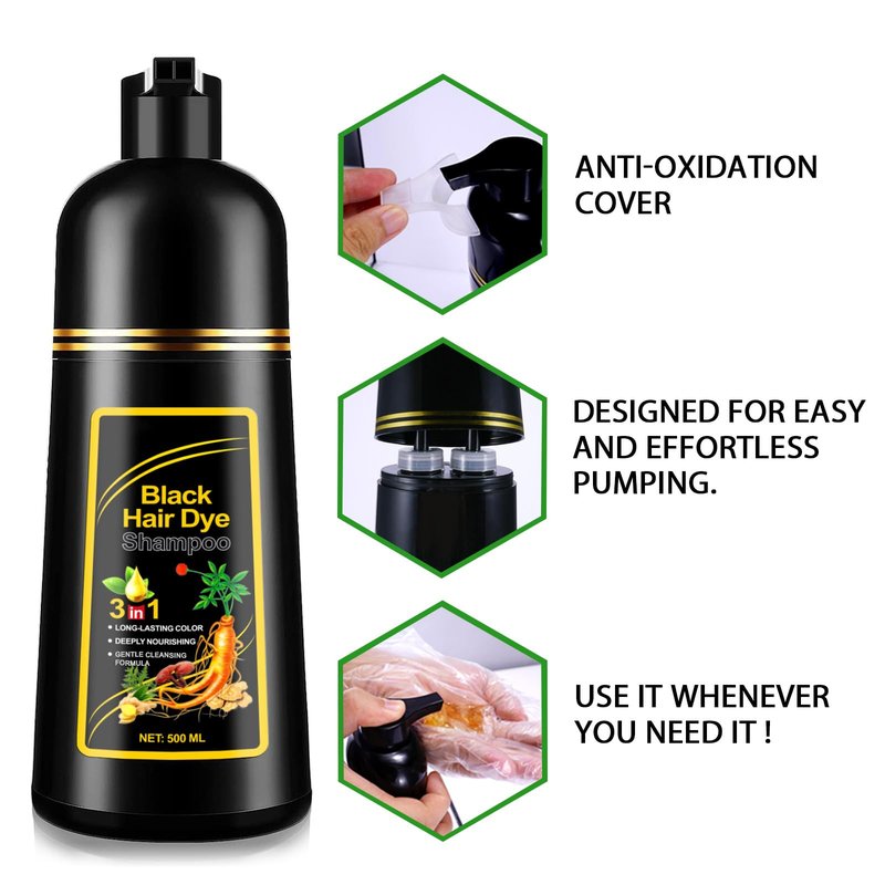ZIXAOK Hair Dye Shampoo (Black) - 3-in-1 Formula with Natural Herbs for Coloring, Nourishing & Shine - Gentle 500ml Shampoo