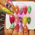 Handmade Press On Nails Almond, Fruit 3D Press On Nails Medium, Orange 3D Nails Strawberry Lemon Fruit With Bubble For Women Gift, Reusable Stick On Fake Nails Kit With Nail Glue(Fruit Fiesta-L)