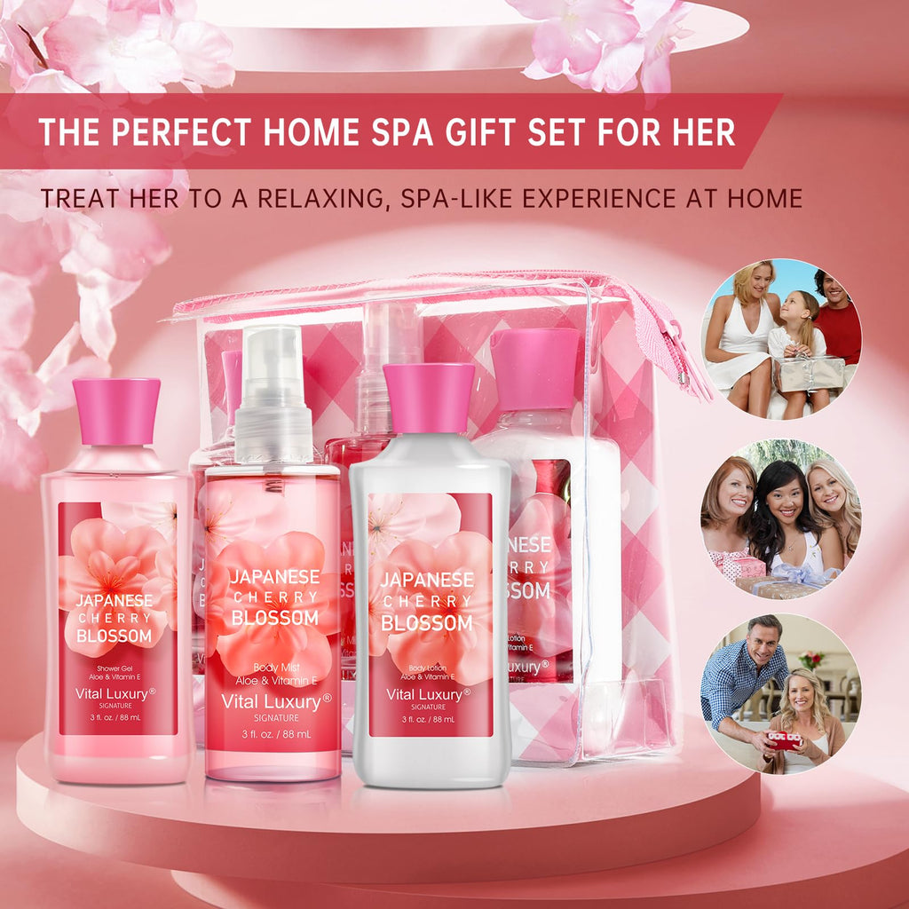 Bath and Body Gift Set – Japanese Cherry Blossom Spa Kit for Women, 3PC Travel Size Set with Shower Gel, Body Lotion, and Fragrance Mist, Body Care Set for Gifting, Bridesmaid Gifts
