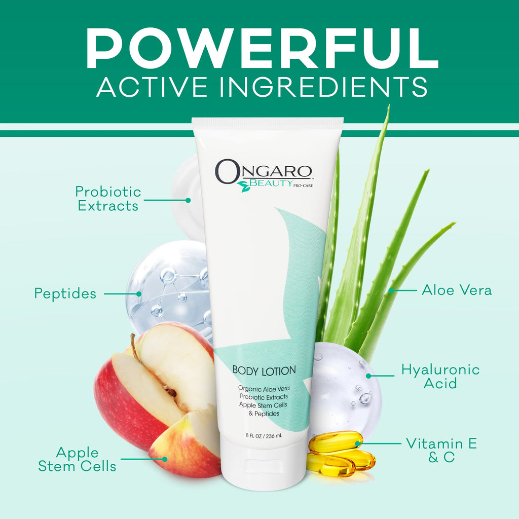 Ongaro Beauty Organic Body Lotion - Body Moisturizer Skin Lotion, Probiotic Lotion w/Aloe Vera, Cocoa Butter, Hyaluronic Acid, Shea Butter & Vitamin E, Lightweight, All Skin Types 8fl oz