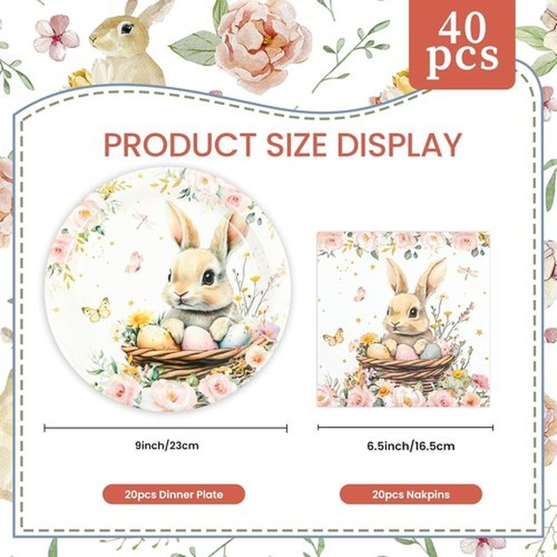 Skiennix Easter Party Plates Set - 40 Pcs 9-Inch Paper Plates & Napkins, Bunny Eggs Design for Spring Celebrations