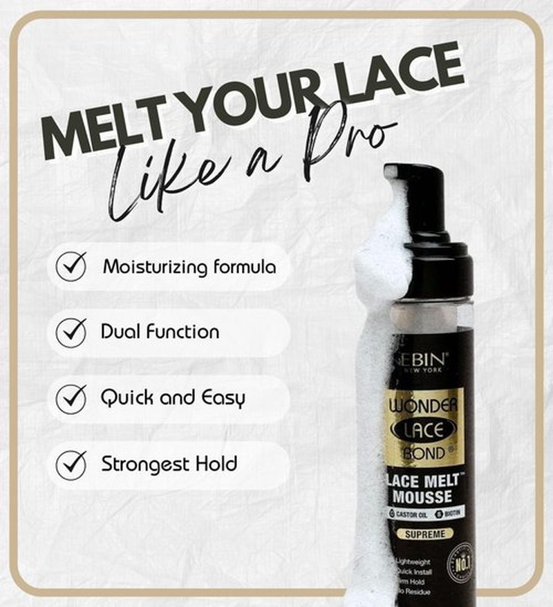 EBIN NEW YORK Wonder Lace Bond Melt Mousse 8.5oz/250ml- Extreme Firm Hold (Supreme) | Biotin + Castor Oil | No Residue, Long Lasting Formula with Protecting Edges, Gives Undetectable and Natural Look