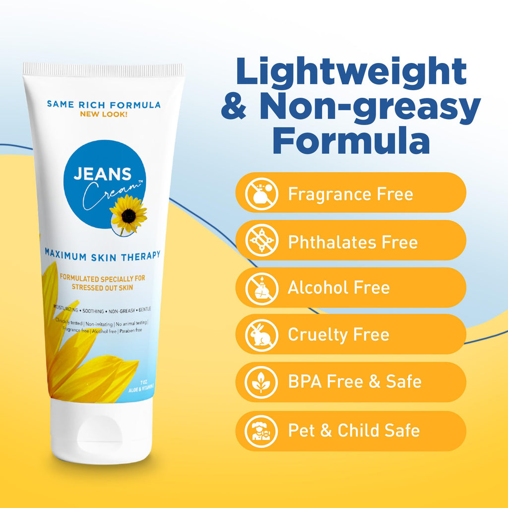 Jeans Cream, Maximum Skin Therapy Radiation Burn Cream, Moisturizing Vitamin E and Aloe Vera Cream for Compromised Skin, Minor Cuts, Sunburn and More, Non-Greasy Formula, 7 oz